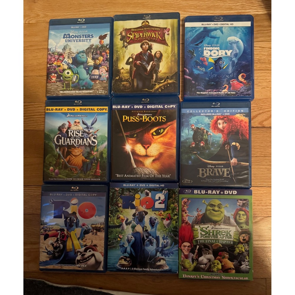 Kids Blu-ray DVD Movie Lot 9 Titles Disney Pixar Monsters University Rio Shrek
